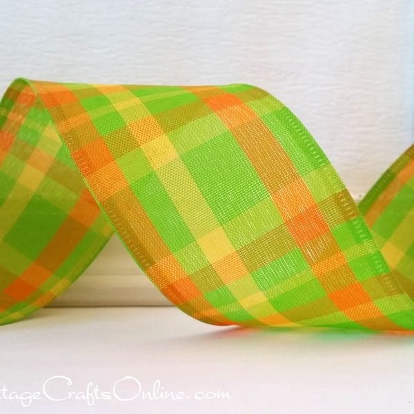 Wired Ribbon, 2.5" Plaid, Green, Orange, Yellow - TEN YARD ROLL ~ Green Apple Chic ~ Lime Spring, Summer, Easter Check Wire Edged Ribbon