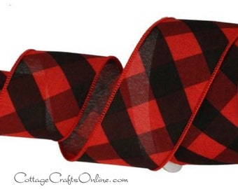 Red and Black Wired Ribbon 2.5", Diagonal Check - TEN YARD Roll ~ Marli Bold Check Red ~ Christmas Plaid Faux Linen Wire Edged Ribbon