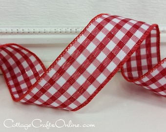 THREE YARDS, Gingham Wired Ribbon, 1.5", Red, White, Silver Metallic Check Plaid ~ Addison ~ July 4th Summer Christmas Wire Edged Ribbon