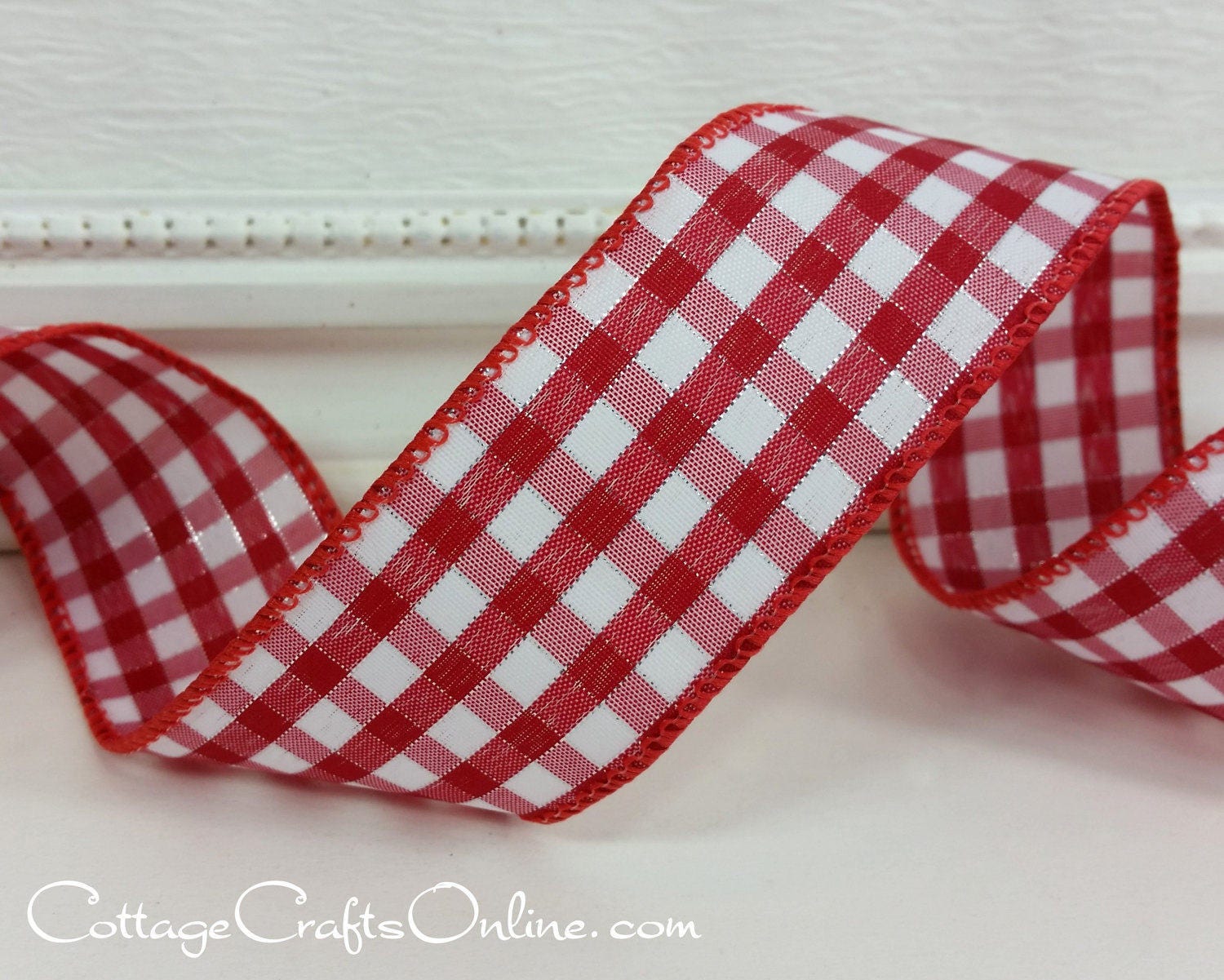 THREE YARDS, Gingham Wired Ribbon, 1.5, Red, White, Silver Metallic Check  Plaid Addison July 4th Summer Christmas Wire Edged Ribbon 