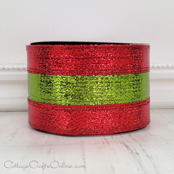 Christmas Wired Ribbon, 1.5 Wide, Lime Green and Red Metallic Stripe TEN  YARD ROLL Lime Regina Tri-stripe Wire Edged Ribbon 