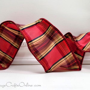 Wired Ribbon, 2.5, Red, Maroon, Brown Faux Dupioni Tartan Plaid TEN YARD Roll Vonda Highland 40 Christmas, Fall Wire Edged image 3