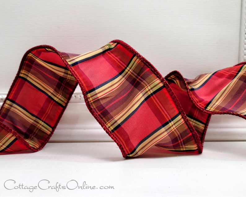 Wired Ribbon, 2.5, Red, Maroon, Brown Faux Dupioni Tartan Plaid TEN YARD Roll Vonda Highland 40 Christmas, Fall Wire Edged image 3