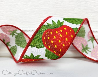 NINE YARDS, Wired Ribbon, 1.5" wide,  Red Strawberries Print ~ Berry Patch White 9 ~ #90830 Spring, Summer, Fruit Print Edged Ribbon