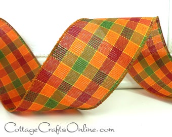 THREE YARDS, Fall Wired Ribbon, 2.5", Orange, Green, Cranberry Red, Yellow Plaid ~ Autumn Plaid Stitch 40 ~ Thanksgiving Wire Edge Ribbon