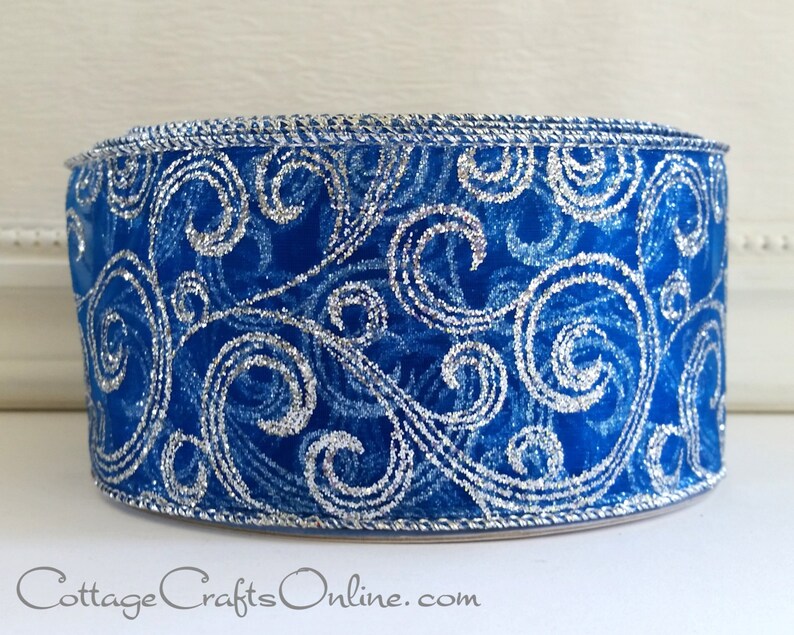 Wired Christmas Ribbon 2 1/2 Royal Blue Sheer Silver Etsy