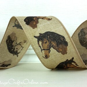 Wired Ribbon, 2.5 Horse Head on Tan Linen Look TEN YARD ROLL Equine Natural Americana, Western Craft Wire Edged Ribbon image 3