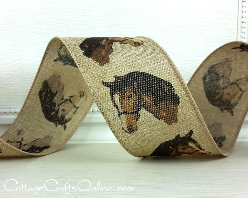 Wired Ribbon, 2.5 Horse Head on Tan Linen Look TEN YARD ROLL Equine Natural Americana, Western Craft Wire Edged Ribbon image 3