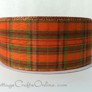 THREE YARDS, Wired Ribbon, 2.5 Orange, Green, Cranberry Red, Green, Copper Metallic Plaid Fran Fall, Thanksgiving Wire Edged Ribbon image 2