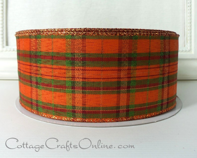 THREE YARDS, Wired Ribbon, 2.5 Orange, Green, Cranberry Red, Green, Copper Metallic Plaid Fran Fall, Thanksgiving Wire Edged Ribbon image 2