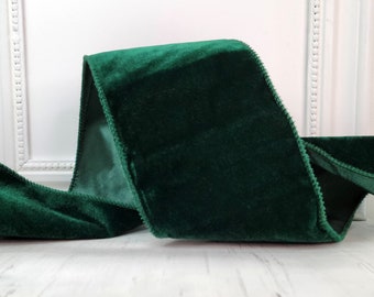 Christmas Wired Ribbon, 4"  Hunter Green Velvet, Satin Back - TEN YARD ROLL - Lowell 100 ~ Forest Holiday Wire Edged Ribbon