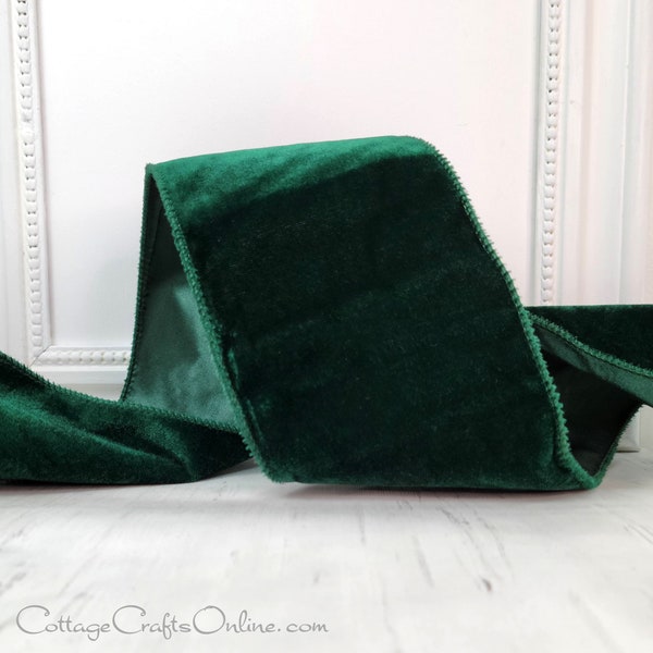 Christmas Wired Ribbon, 4"  Hunter Green Velvet, Satin Back - TEN YARD ROLL - Lowell 100 ~ Forest Holiday Wire Edged Ribbon