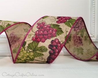 Wired Ribbon, 2.5" wide, Purple, Green, Burgundy Grapes on Tan, TEN YARD ROLL ~ New Vines ~ Spring, Summer,  Fall Winery Fruit Print