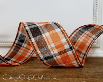 THREE YARDS, Halloween Plaid Wired Ribbon, 2 1/2", Orange,  Black, Ivory  ~ Theodore ~ Fall Craft Wire Edged Ribbon