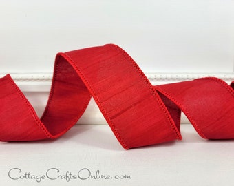 Wired Ribbon, 1.5" Red Faux Silk Dupioni, TEN YARD ROLL ~ Silkie Red ~ Scarlet, Christmas, Valentine, Patriotic Wire Edge Ribbon