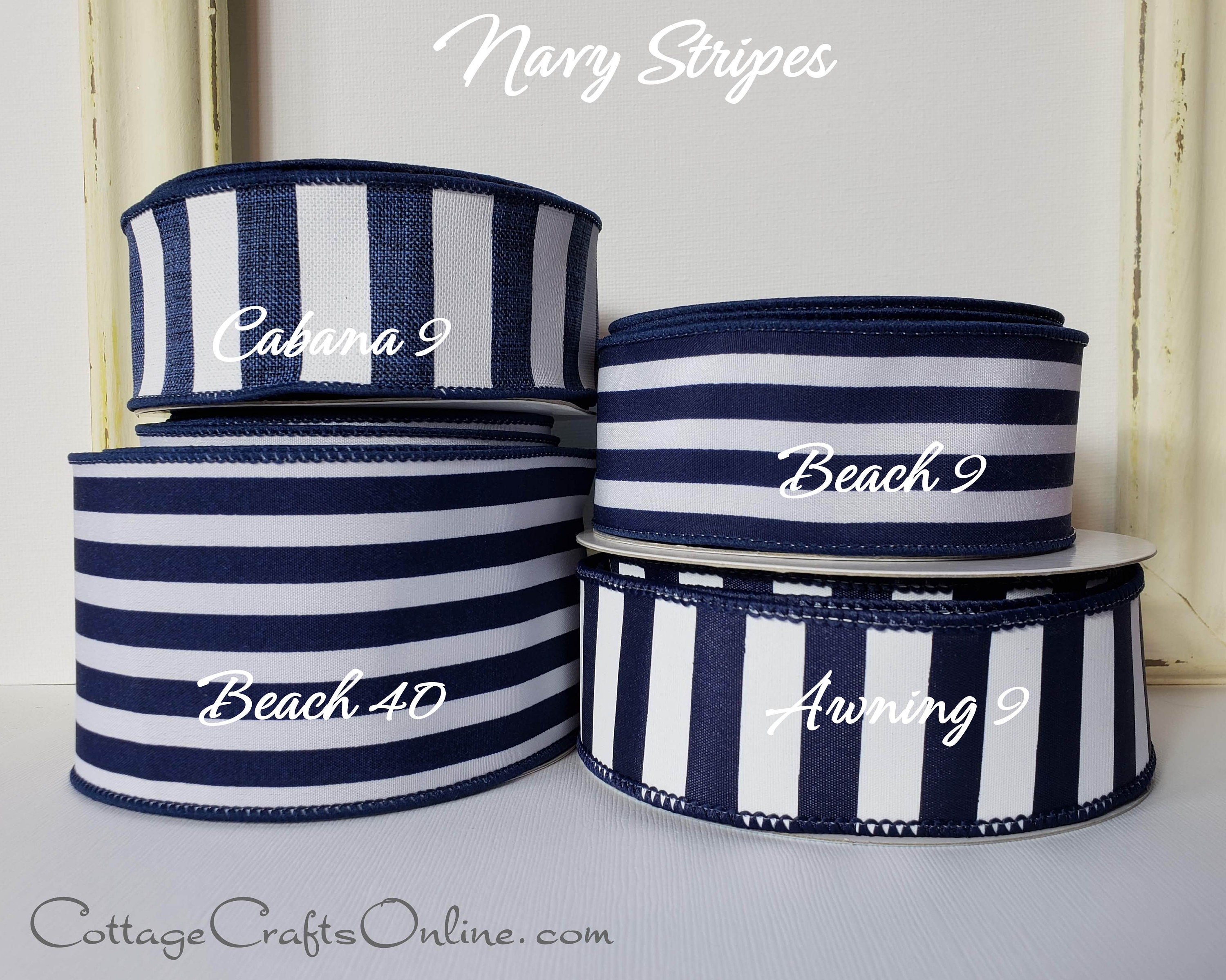 Wired Ribbon, 2.5 Inches Wide, Navy Blue and White Stripe, Ten Yard ...