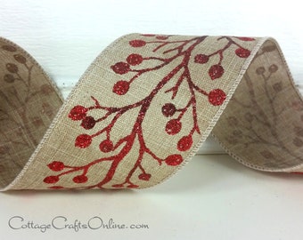 Christmas Wired Ribbon 2 1/2", Red Glittering Berries Tan Linen Look - TEN YARD ROLL  - d. stevens ~ Forest Gem Bold ~ Wire Edged Ribbon