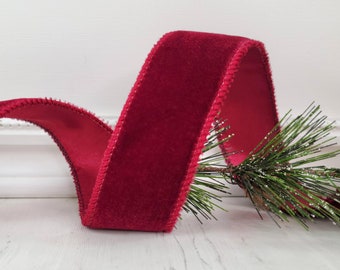 Christmas Wired Ribbon, 1.5" wide, Cranberry Velvet, Satin Back  - TEN YARD ROLL  ~ Lowell ~ Red Craft Wire Edged Ribbon