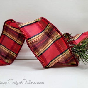 Wired Ribbon, 2.5, Red, Maroon, Brown Faux Dupioni Tartan Plaid TEN YARD Roll Vonda Highland 40 Christmas, Fall Wire Edged image 2