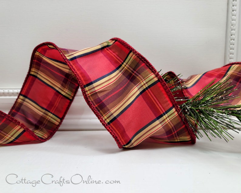 Wired Ribbon, 2.5, Red, Maroon, Brown Faux Dupioni Tartan Plaid TEN YARD Roll Vonda Highland 40 Christmas, Fall Wire Edged image 2