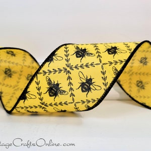 Wired Ribbon 2.5 Black Bumble Bees on Yellow Faux Linen TEN YARD ROLL Honey Bee Trellis 40 Spring, Summer Craft Wire Edged Ribbon image 4