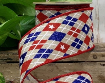 Patriotic Wired Ribbon, 2.5", Red, Blue Glitter, Tan Faux Linen, TEN YARD ROLL - d. stevens  ~ Patriotic Harlequin ~ July 4 Wire Edge