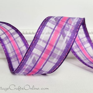 FIVE YARDS, Wired Ribbon, 1.5&quot; wide, Purple, Pink, White Semi-Sheer Plaid - Offray ~ Calix 59 ~  Spring, Summer Wire Edged Ribbon
