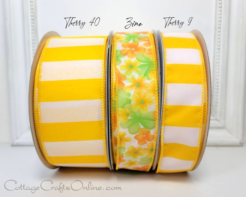 THREE YARDS, Wired Ribbon, 1.5, Yellow, Orange, Green Flower Print Offray Zina Yellow Easter, Spring, Floral Wire Edged Ribbon image 3