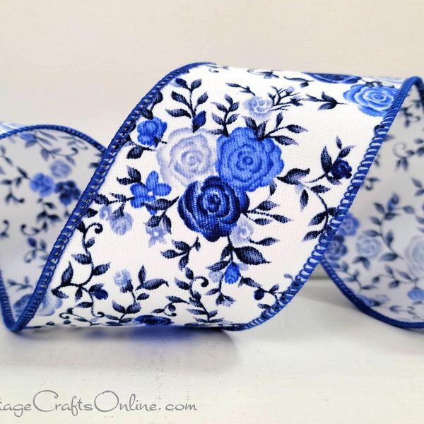 Blue Mini Roses Wired Ribbon, 2.5", Ten Yard Roll, Flowers, Floral Print ~ Rose Bouquet Royal 40 ~ Spring, Easter Summer Wire Edge Ribbon
