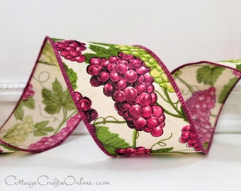 Grape Wired Ribbon, 2.5" wide, Purple, Green, Burgundy Grapes on Cream, TEN YARD ROLL ~ New Vines ~ Spring, Summer, Fall Winery Fruit Print