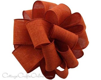 THREE YARDS Fall Wired Ribbon, 1.5", Rust Burnt Orange Faux Linen - Offray ~ Divinely Royal ~ Thanksgiving, Autumn Wire Edged Ribbon