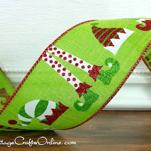 May include: A festive green ribbon with a repeating pattern of elf legs, hats, and shoes. The ribbon's edges are trimmed with red stitching, and the elf details feature red and white accents. Perfect for holiday crafts and decorations.
