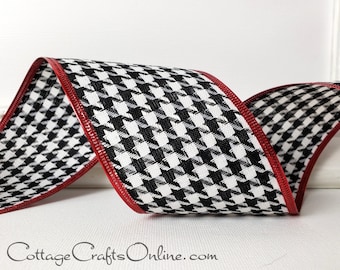 Wired Ribbon, 2.5", Black and White Houndstooth, Red Metallic Edge ~ TEN YARD ROLL ~ Houndstooth Metallic ~ Christmas Wire Edged Ribbon