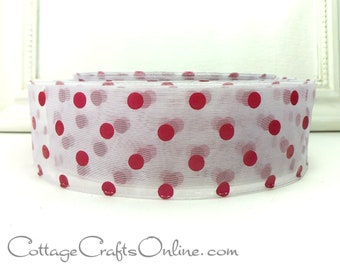 Wired Ribbon, 2" width, Red Polka Dots on White Iridescent Sheer - FIFTY YARD ROLL ~ Sheer Dottie ~ Christmas Wire Edge Ribbon