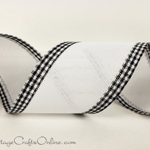 Wired Ribbon, 2.5&quot;, White, Black and White Mini Check Border ~ TEN YARD ROLL ~ Samuel W2 ~ White Gingham Edge ~  Wire Edged Ribbon