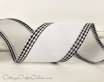 Wired Ribbon, 2.5", White, Black and White Mini Check Border ~ TEN YARD ROLL ~ Samuel W2 ~ White Gingham Edge ~  Wire Edged Ribbon