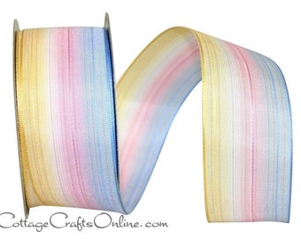 Ombre Wired Ribbon,  1.5", THREE YARDS,  Striped Yellow, White, Pink, Blue Batiste ~ Dahlia ~ Spring Wire Edged Ribbon