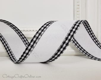Wired Ribbon, 1.5", White, Black and White Mini Check Border ~ TEN YARD ROLL ~ Samuel