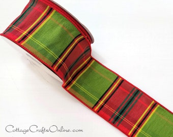 Christmas Wired Ribbon, 2.5", Olive Green, Red Faux Dupioni Tartan Plaid - TEN YARD ROLL ~ Benton Highland  ~ Wire Edged Ribbon