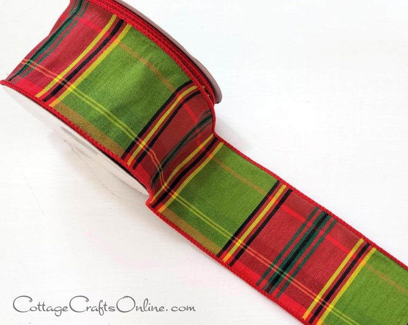 Christmas Wired Ribbon 2.5 Olive Green Red Faux image 1