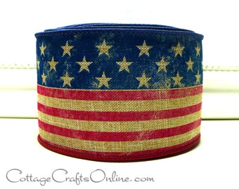 Wired Ribbon 2 1/2" Red, White, Blue American Flag Print - TEN YARD ROLL ~ Betsy 40 ~ Stars and Stripes Tan Tea Dye Patriotic July 4th