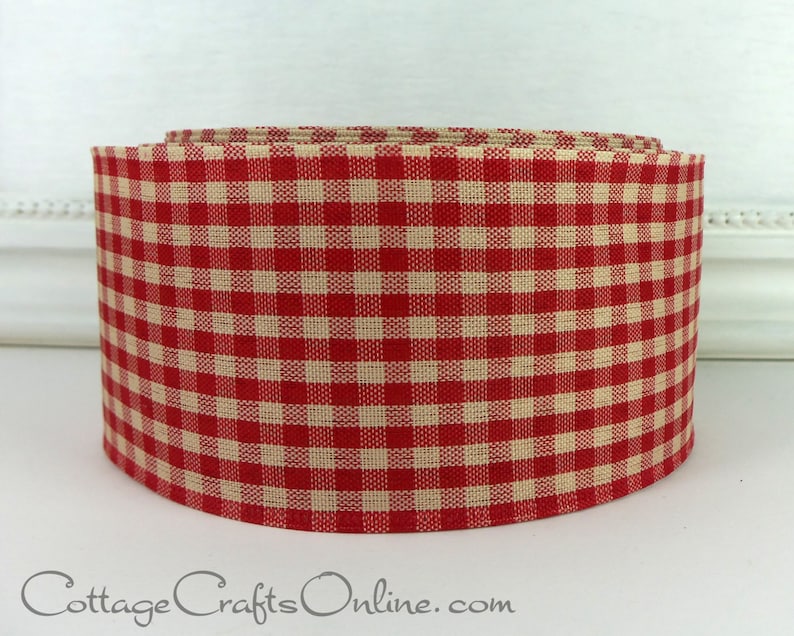 Tea Dye Red Gingham Prim 2 12 Wired Ribbon Christmas Craft Wire Edged Ribbon TWENTY FIVE YARD Roll Red and Beige Teadye Check