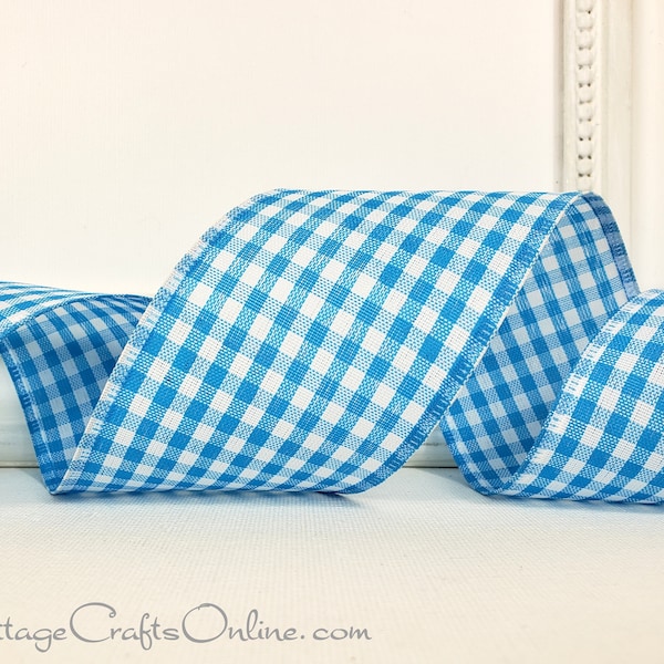 Wired Ribbon, 2.5" wide, Spring Blue and White Gingham Check - TEN YARD ROLL - Bright Blue Checkered 40 Spring, Summer Wire Edged Ribbon