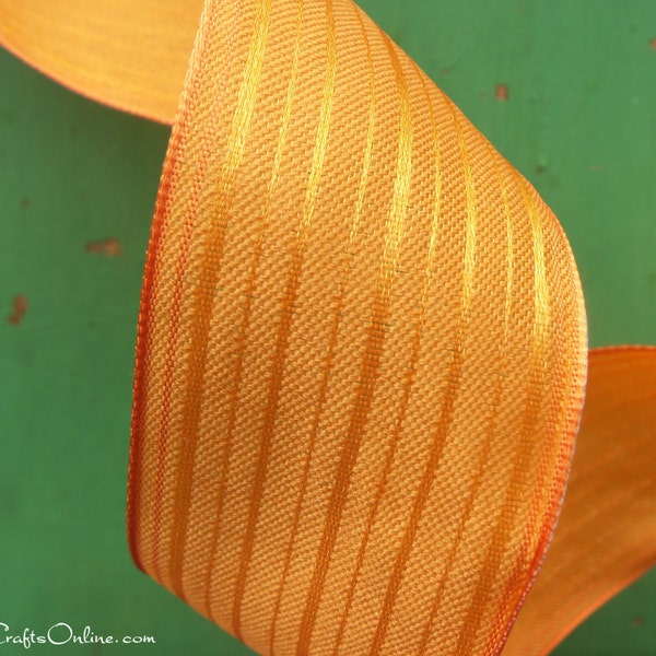 Wired Ribbon, 1 1/2", Orange Semi-Sheer Satin Stripe - SEVEN YARDS -  Spring / Summer / Halloween / Fall Craft Wire Edged Ribbon