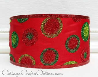 Christmas Wired Ribbon, 2.5" Red, Lime, Emerald Green Glitter Dot - TEN YARDS ~ Dot Glitz ~ Satin Polka Dot Wire Edged Ribbon