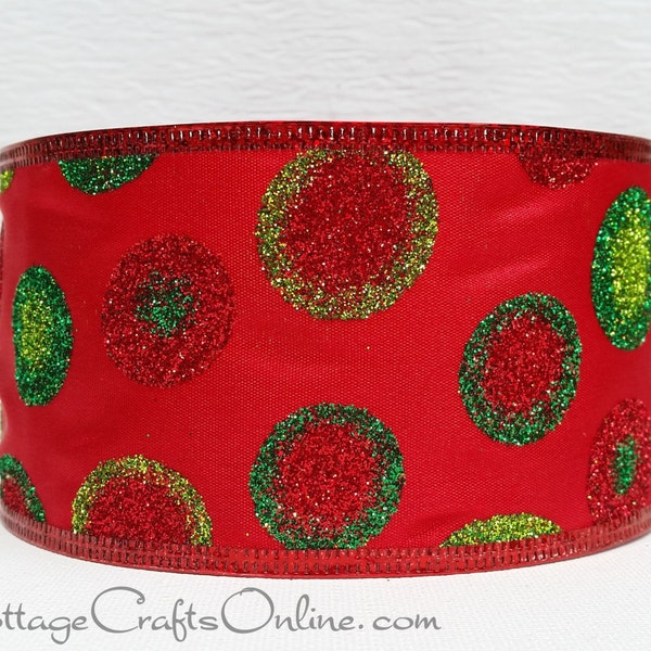 Christmas Wired Ribbon, 2.5" Red, Lime, Emerald Green Glitter Dot - TEN YARDS ~ Dot Glitz ~ Satin Polka Dot Wire Edged Ribbon