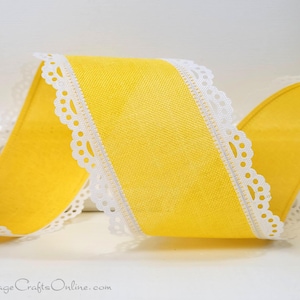 Scalloped Lace Edged Wired Ribbon, 2.5&quot; wide, Yellow with White  - TEN YARD ROLL ~ Julia 40 ~ Divinely Royal Spring, Summer Wire Ribbon
