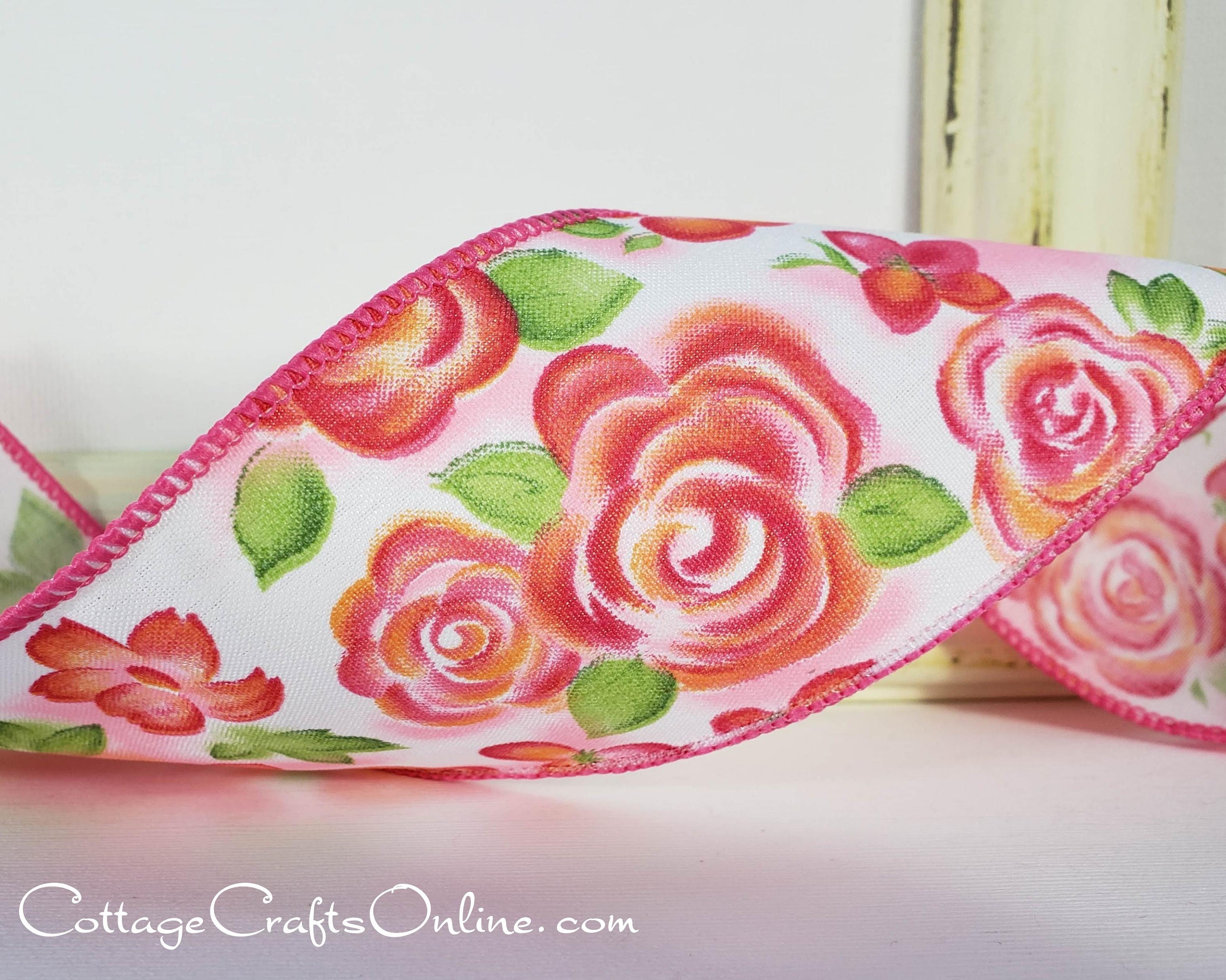 THREE YARDS, Wired Ribbon, 2.5" Pink Roses, Flowers, Floral Print ~ Rosalie ~ Spring, Summer, Easter, Garden Craft Wire Edged Ribbon