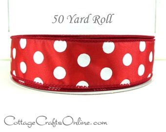 Wired Ribbon, 1.5", Red and White Polka Dot - FIFTY YARD ROLL ~ Peppermint Dot #9 ~ Christmas, Valentine Craft Decor Wire Edged Ribbon