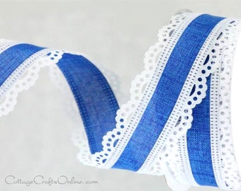 Royal Blue Wired Ribbon, 1.5" wide, White Scalloped Lace Eyelet Edge, Linen Style - TEN YARD ROLL ~ Julia 9 ~ Divinely Royal Ribbon